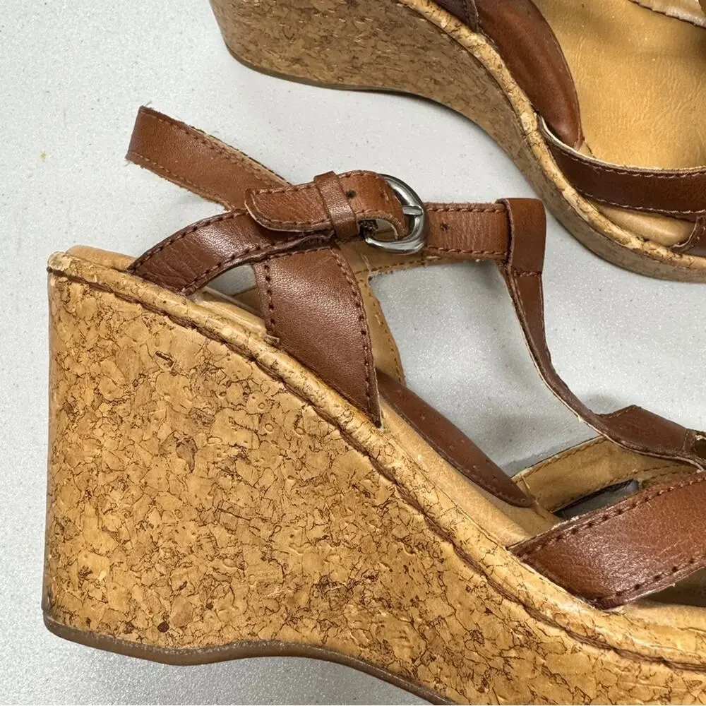 B.O.C. Brown Leather Strappy Cork Wedge Sandals Womens 6 Beachy Strappy Heels